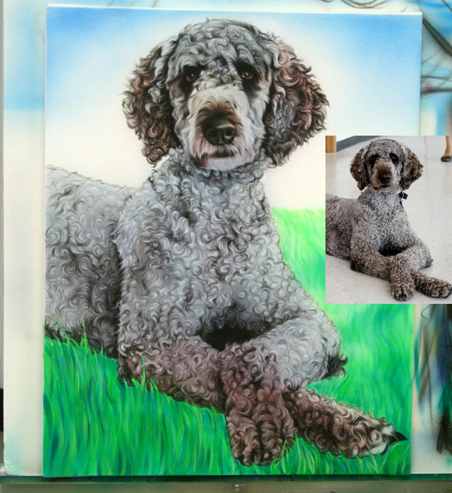 Realistic hand-painted portrait of a poodle dog