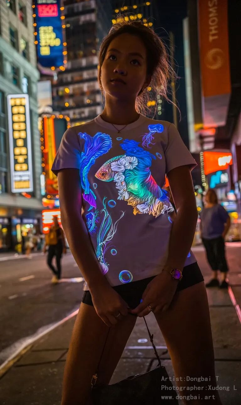 Invisible glowing clothing painting revealed under UV blacklight