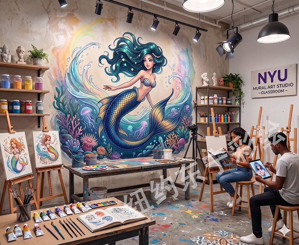 Dongbai painting a mermaid mural in the studio
