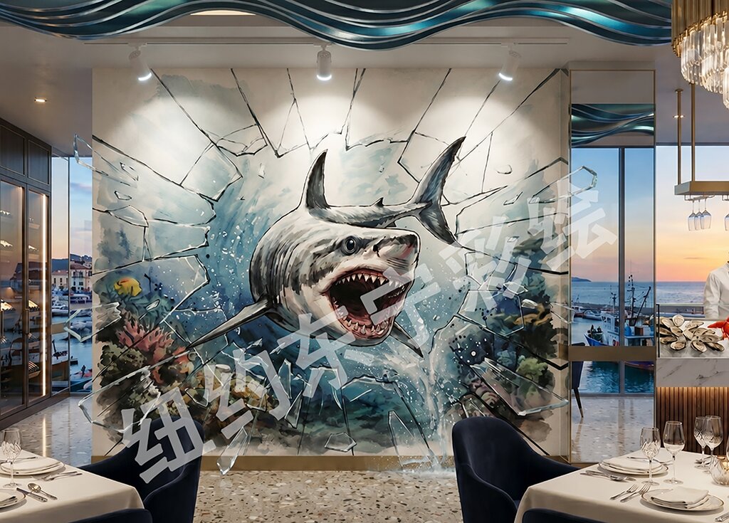 3D shark breaking through the wall hand-painted mural