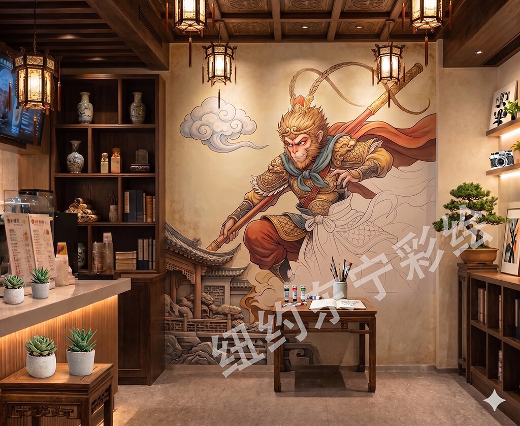 Monkey King (Sun Wukong) hand-painted restaurant mural