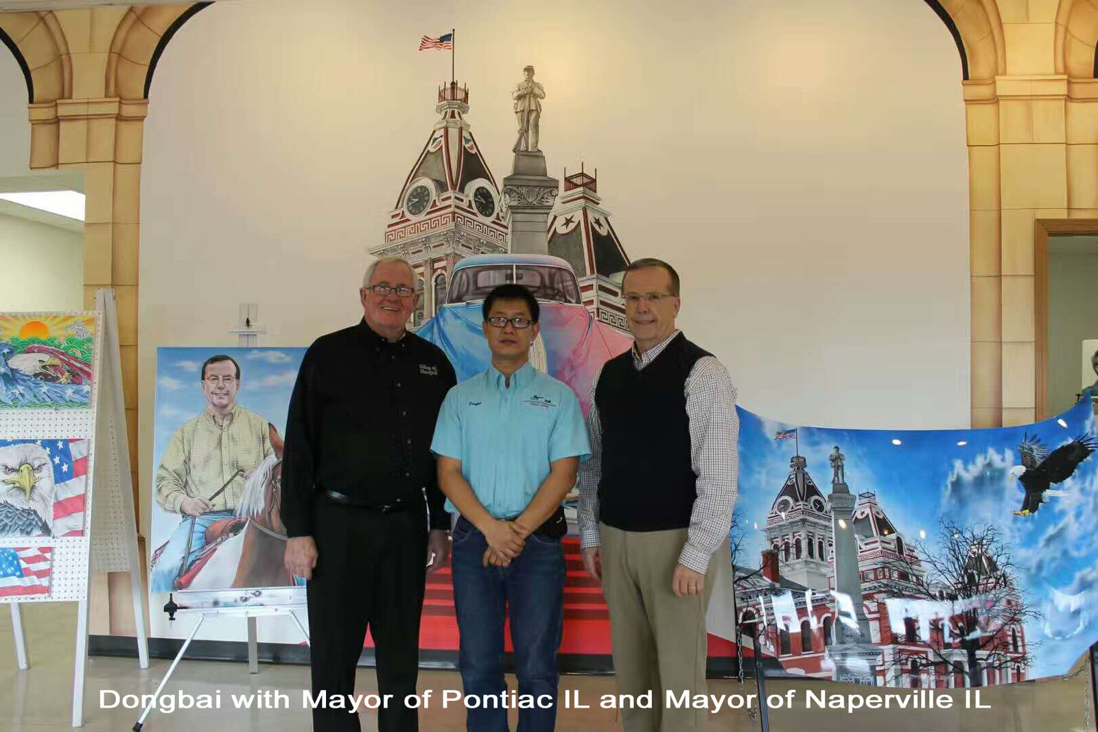 Dongbai with the Mayor of Pontiac IL and the Mayor of Naperville IL
